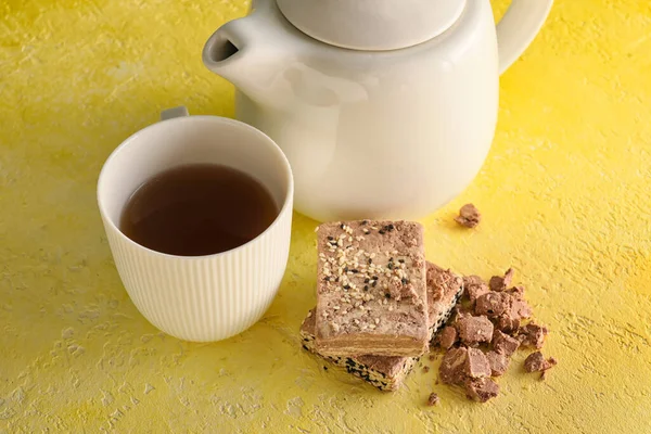 Tasty Sesame Halva Cup Tea Color Background — Stock Photo, Image
