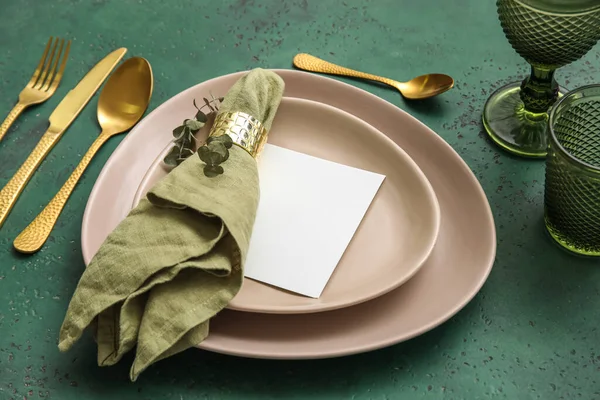 Dinnerware Blank Card Eucalyptus Branch Green Table — Stock Fotó