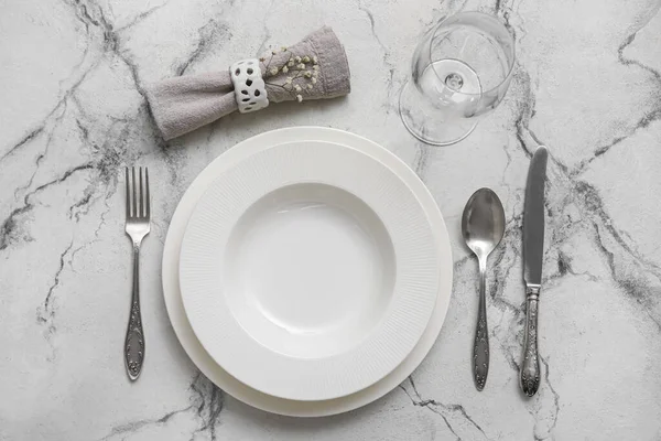 Simple Table Setting White Marble Background — Fotografia de Stock