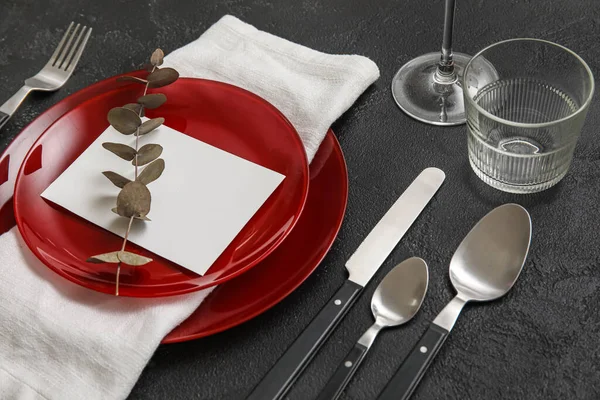 Stylish Dinnerware Eucalyptus Branch Blank Card Black Table — Stock Photo, Image