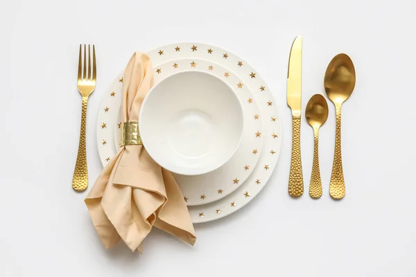 Stylish Table Setting Plates Napkin Cutlery White Background — Stock Photo, Image