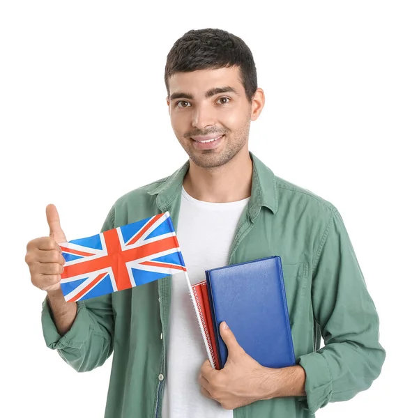 Young Man Flag Books Showing Thumb White Background —  Fotos de Stock