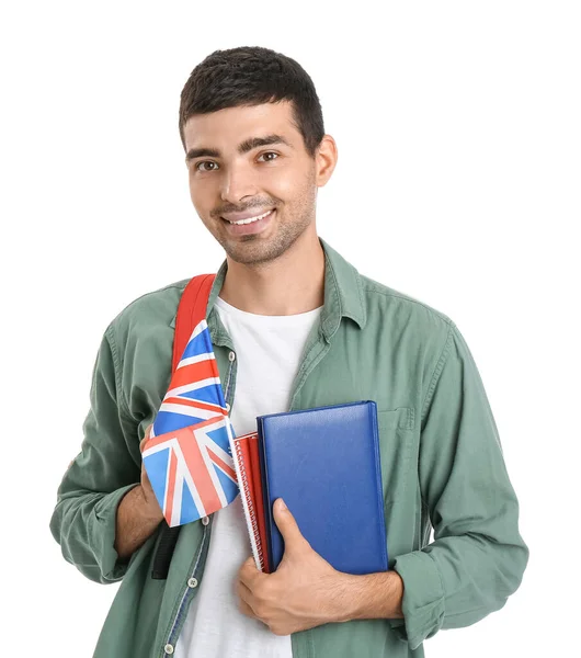 Young Man Flag Books Backpack White Background — Zdjęcie stockowe