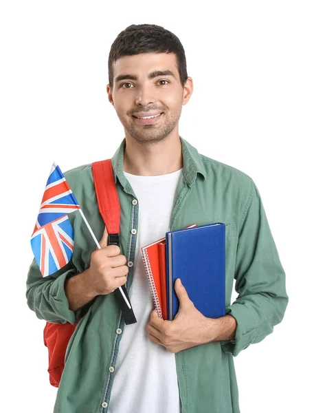 Young Man Flag Books Backpack White Background – stockfoto