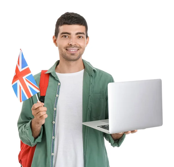 Young Man Flag Backpack Laptop White Background — Stock fotografie