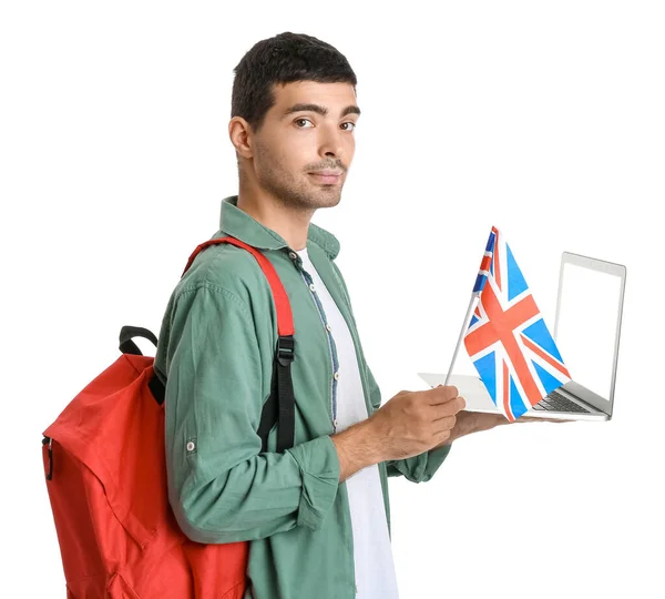 Young Man Flag Backpack Laptop White Background — Stock fotografie