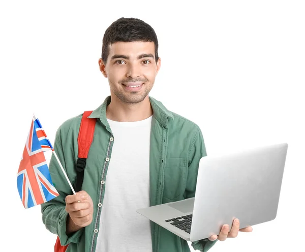 Young Man Flag Backpack Laptop White Background — Zdjęcie stockowe