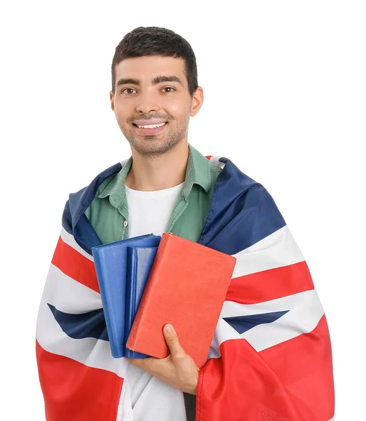 Young Man Flag Books White Background — Stock fotografie