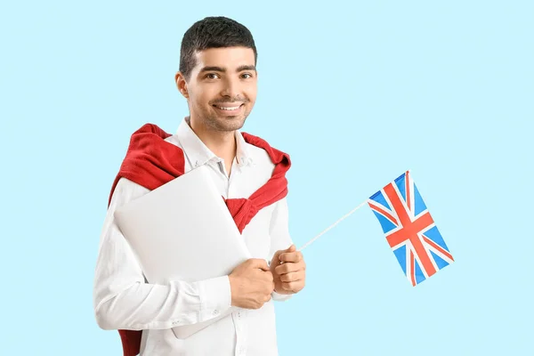 Young Man Flag Laptop Blue Background —  Fotos de Stock