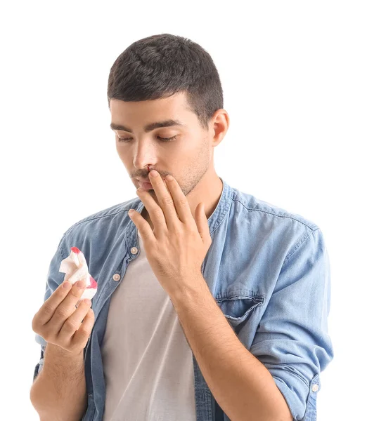 Young Man Nosebleed Tissue White Background — Stock Photo, Image