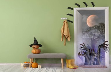 Collage of hallway interior with Halloween decorations and zombie hands