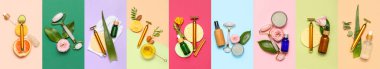 Collage with facial massage tools, cosmetics and natural ingredients on color background, top view