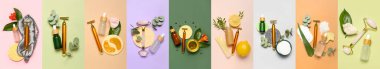 Collage with facial massage tools, cosmetics and natural ingredients on color background, top view