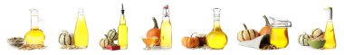Set of natural pumpkin oil on white background