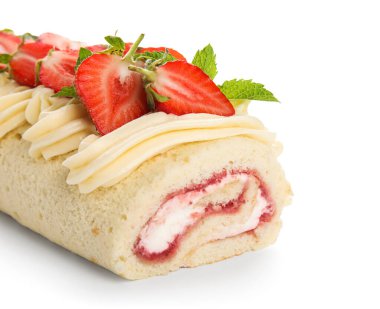 Tasty strawberry roll cake isolated on white background, closeup