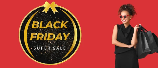 Beautiful African American Woman Shopping Bags Red Background Black Friday — Foto Stock