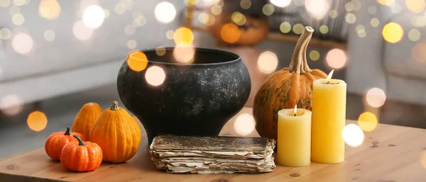 Witch Cauldron Old Book Candles Pumpkins Table Room — Stockfoto