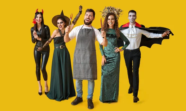 Set People Dressed Halloween Yellow Background — 스톡 사진