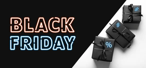 Gift Boxes Dark White Background Top View Black Friday Sale — стоковое фото