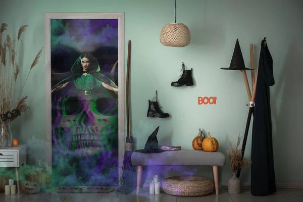Collage Hallway Interior Halloween Decorations Evil Witch Human Skull — Foto Stock
