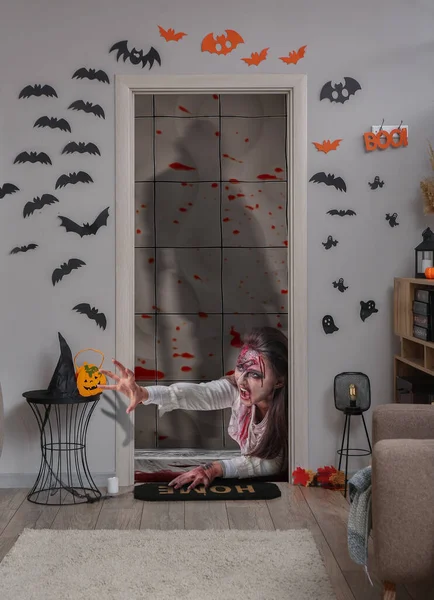 Collage Room Interior Halloween Decorations Zombie Woman Shadow Murderer — Stockfoto