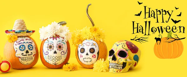 Greeting Card Happy Halloween Celebration Creative Pumpkins Human Skull — стоковое фото