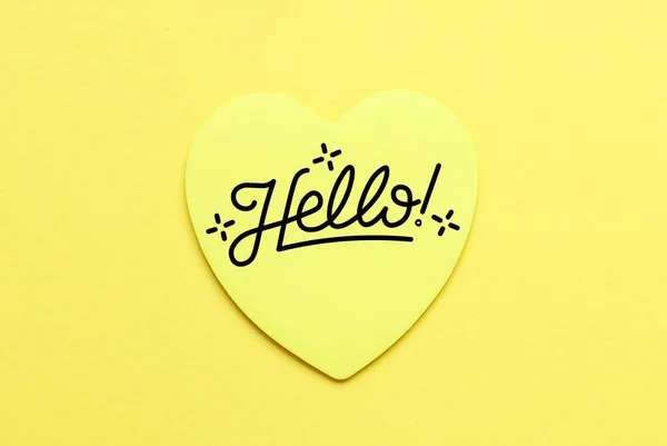 Heart Shaped Sticky Note Word Hello Yellow Background — Φωτογραφία Αρχείου