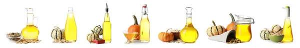 Set Natural Pumpkin Oil White Background — Foto de Stock