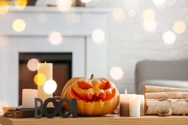 Halloween Pumpkin Burning Candles Table Living Room — Stock Photo, Image