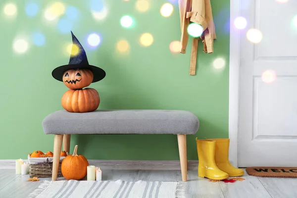 Bench Halloween Decorations Gumboots Interior Hallway — Foto Stock