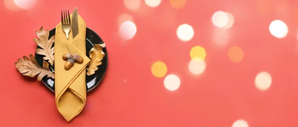 Beautiful Autumn Table Setting Red Background Space Text — Zdjęcie stockowe