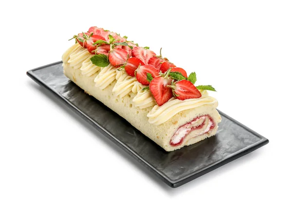 Board Tasty Strawberry Roll Cake White Background — Stok fotoğraf