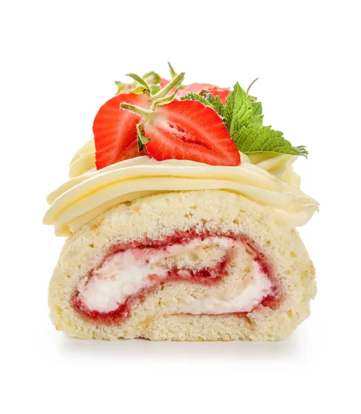 Tasty Strawberry Roll Cake Isolated White Background — Stok fotoğraf