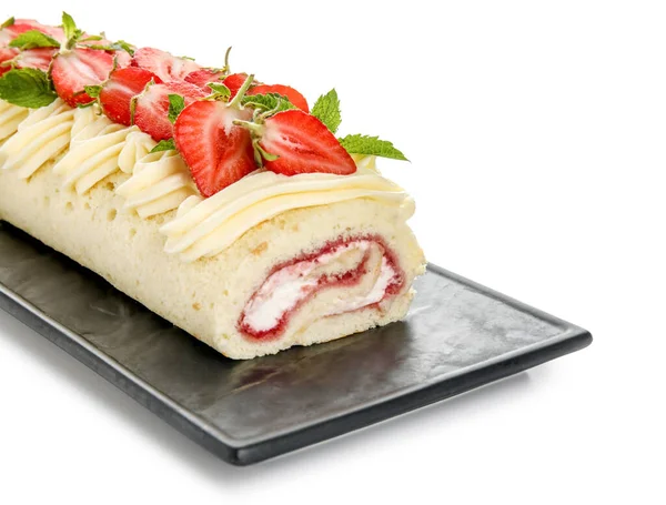 Board Tasty Strawberry Roll Cake White Background Closeup — Stok fotoğraf