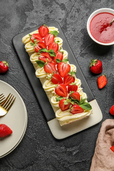 Plate Tasty Strawberry Roll Cake Fresh Berries Jam Dark Background — Stock Photo, Image