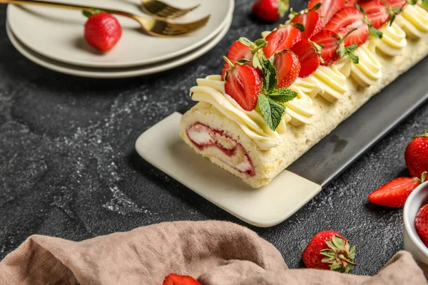 Plate Tasty Strawberry Roll Cake Dark Background — Stock fotografie