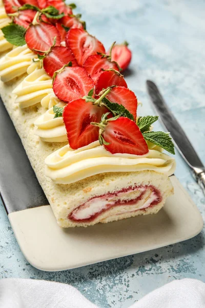 Plate Tasty Strawberry Roll Cake Color Background Closeup — Stok fotoğraf