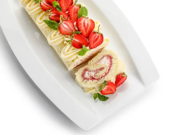 Plate Delicious Strawberry Roll Cake White Background — Stok fotoğraf