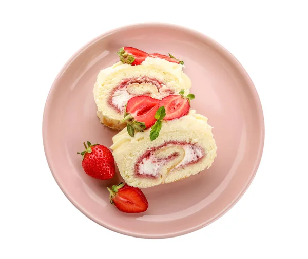 Plate Slices Delicious Strawberry Roll Cake Isolated White Background — Stok fotoğraf