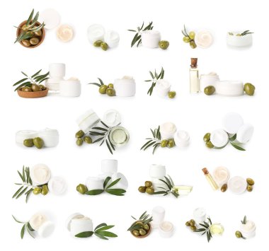 Zeytin yağı özlü kozmetik seti beyaza izole edilmiş.