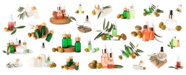 Zeytinyağı özütü beyaza izole edilmiş farklı kozmetik ürünleri.