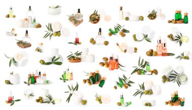 Zeytin yağı özlü kozmetik seti beyaza izole edilmiş.