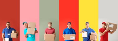 Renkli arkaplanda paketleri olan kuryeler