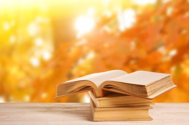 Old books on wooden table in autumn park
