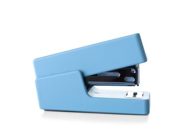 Modern blue stapler on white background