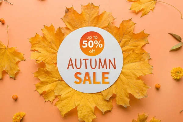 Banner Autumn Sale Dry Leaves Beige Background — Stock Photo, Image