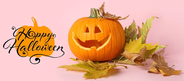 Calabaza Tallada Hojas Texto Happy Halloween Sobre Fondo Rosa —  Fotos de Stock