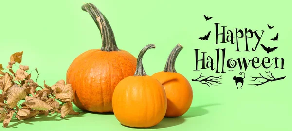 Mogna Pumpor Grön Bakgrund Glad Halloween — Stockfoto