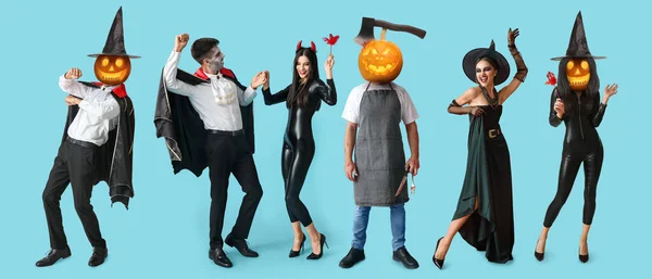 Collage Met Mensen Halloween Kostuums Blauwe Achtergrond — Stockfoto