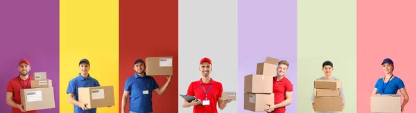 Set Couriers Parcels Colorful Background — Stock Photo, Image
